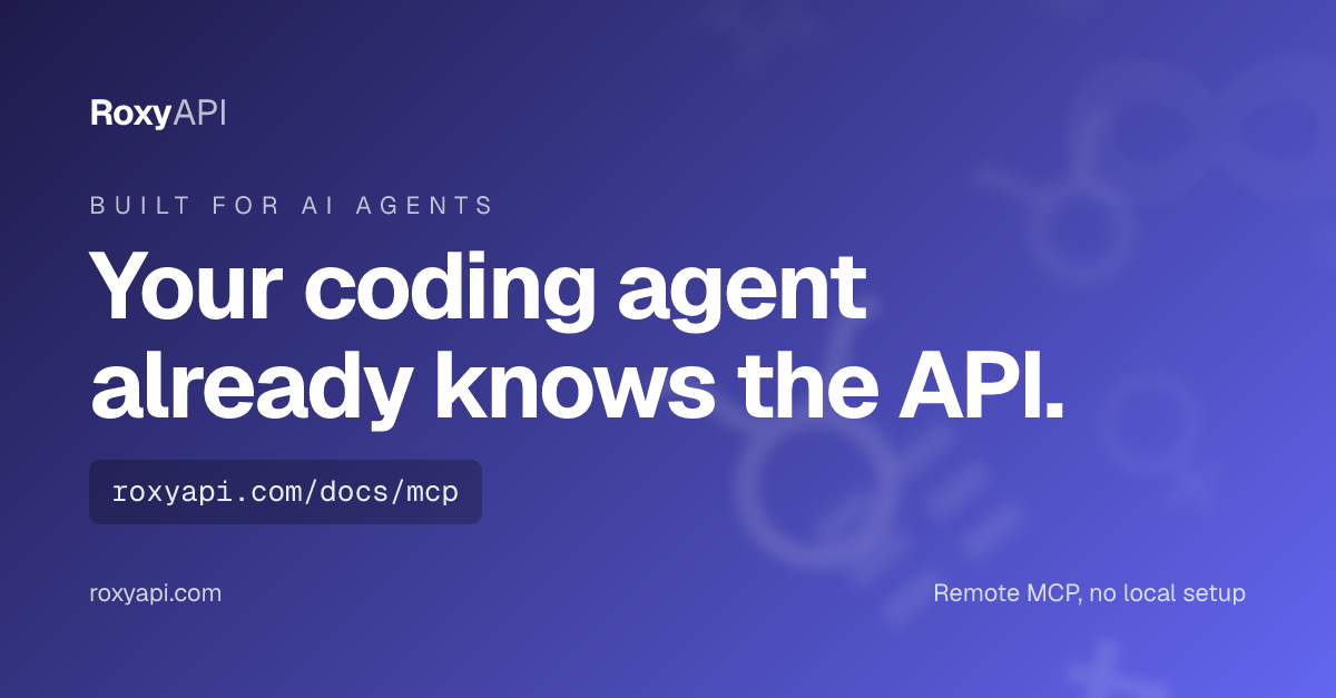 Your coding agent already knows the API. Built for AI agents, Remote MCP, no local setup.